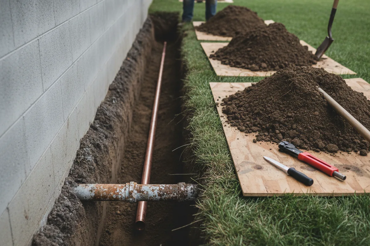 Excavated water line trench during Water Softener Installation in Tacoma
